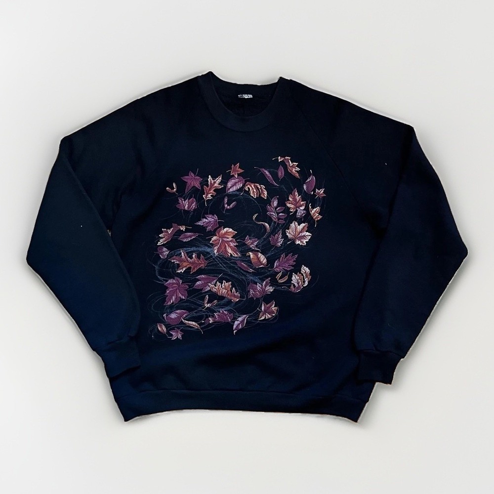 Sweatshirt Womens Medium Black Autumn Leaves Embroidered Fleece Pullover